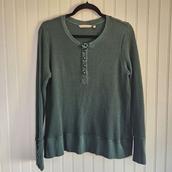 SOFT SURROUNDINGS Green Waffleknit 1/4 Button Up Thermal size Small - Picture 1 of 6